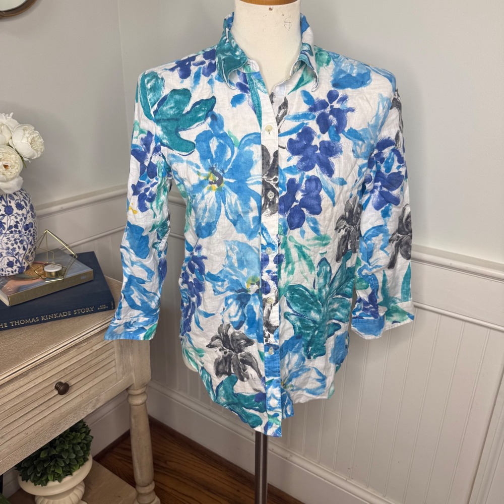 Lauren Ralph Lauren Blue Floral 100% Linen Button Down Shirt Womens Small